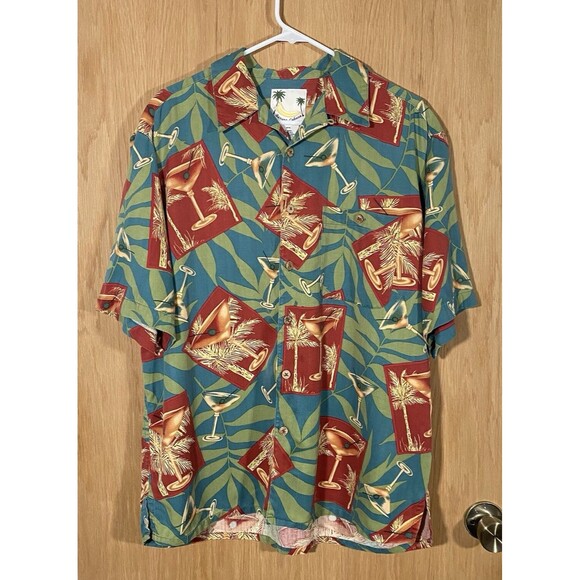 Silk Hawaiian Shirt Men's Sz Lg Martini & Palm Trees Banana Cabana Camp Shirt - Picture 1 of 6